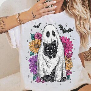 Ghost Cat Floral Halloween Shirt, Cute Cat Spooky Season Tee